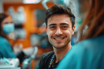 Naklejka premium A young man in scrubs smiles warmly at a colleague, likely in a hospital or clinic