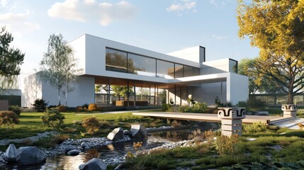 Fototapeta premium modern suburban farmhouse with a minimalist design, featuring a large front yard and a small decorative bridge over a stream