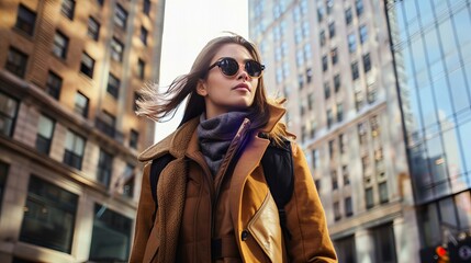 Fototapeta premium young, beautiful fashion model in sunglasses wearing luxury clothes in a big city 