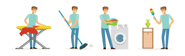 Fototapeta premium Man Character Doing Household and Domestic Chores Vector Set