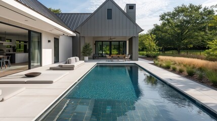 Fototapeta premium modern suburban farmhouse with a geometrically designed swimming pool, surrounded by minimalist landscaping and sleek, comfortable lounge furniture