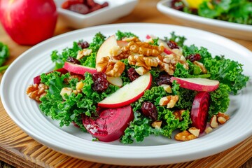 Healthy kale salad with apple beetroot walnut and raisins in a white dish