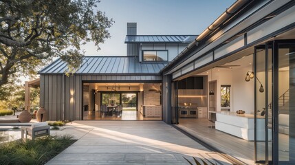 Obraz premium modern suburban farmhouse with a large, open-plan design, featuring industrial-style metal and wood accents and large sliding doors that open to a serene patio area