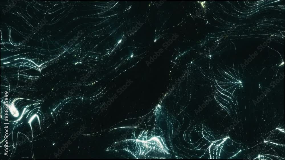 Poster glowing lines forming dynamic waves on dark background, suggestive of digital data flow or abstract 