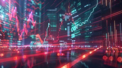 Financial graphs, glowing lines and diagram on digital screen. Trading market and economic concept. Financial crisis and inflation. Created with generative AI