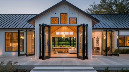 modern suburban farmhouse with a front facade dominated by large, pivoting glass doors that open to blend the indoor and outdoor living spaces