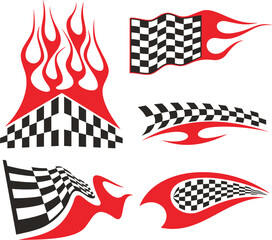 Vector Racing Flame Designs with Checkered Flags for Vehicle Vinyl Decals. Ready-to-cut graphics, great for sport cars, ATVs, trucks, motors and bikes.