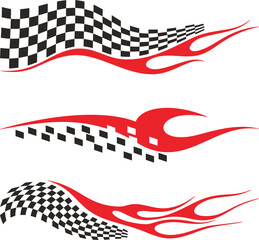 Vector Racing Flame Designs with Checkered Flags for Vehicle Vinyl Decals. Ready-to-cut graphics, great for sport cars, ATVs, trucks, motors and bikes.