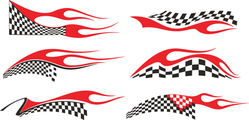 Vector Racing Flame Designs with Checkered Flags for Vehicle Vinyl Decals. Ready-to-cut graphics, great for sport cars, ATVs, trucks, motors and bikes. © Vallentin Vassileff