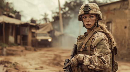 A female soldier in full combat gear stands alert in a war-torn village, showcasing strength and determination amidst the chaos.