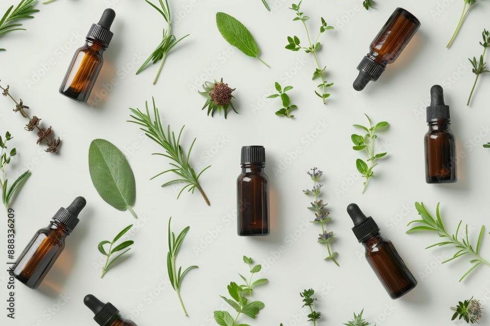 Poster Herbs and essential oil bottles arranged creatively in a flat lay