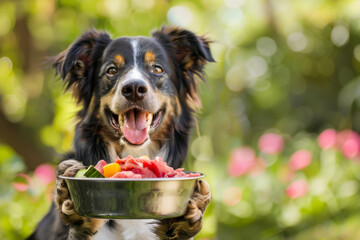 A happy Australian Shepherd holding a bowl of fresh meat and vegetables, outdoors, enjoying a nutritious meal