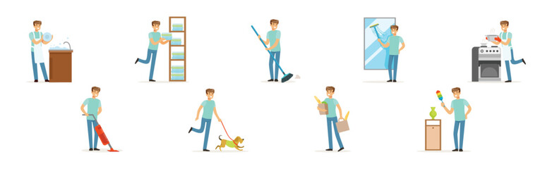 Man Character Doing Household and Domestic Chores Vector Set