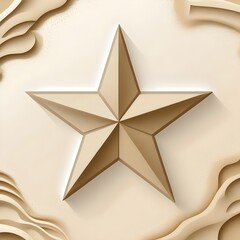 Golden Star: A 3D paper cut design of a golden star, nestled within a frame of abstract waves. The soft lighting and subtle shadows create a minimalist and elegant feel.