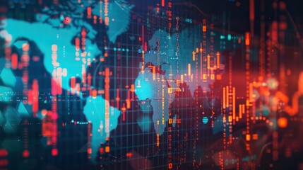 Global Crisis Chart Concept, Abstract double exposure of global crisis chart on holographic world map background. Ai generated