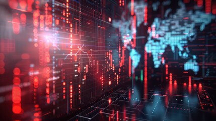 Global Crisis Chart Concept, Abstract double exposure of global crisis chart on holographic world map background. Ai generated