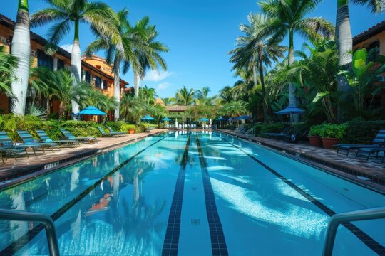 Florida Hotel. Luxury Swimming Pool at Miami Resort with Tropical Palms and Blue Waters