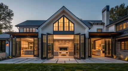 Obraz premium modern suburban farmhouse with a front facade dominated by large, pivoting glass doors that open to blend the indoor and outdoor living spaces