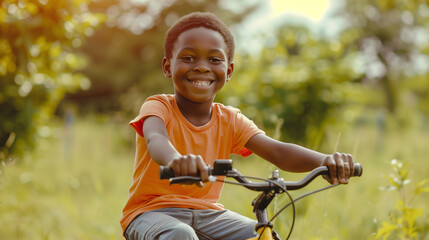 Fototapeta premium Happy black boy riding a bicycle with a joyful expression in a sunny outdoor setting. Childhood fun and carefree moments