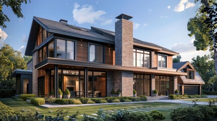 Fototapeta premium modern suburban farmhouse with a blend of brick and wood materials, creating a visually stunning exterior
