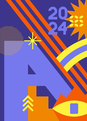 Composition with the letter A. Set of abstract shapes. A combination of geometric bright elements. Poster on a blue background.