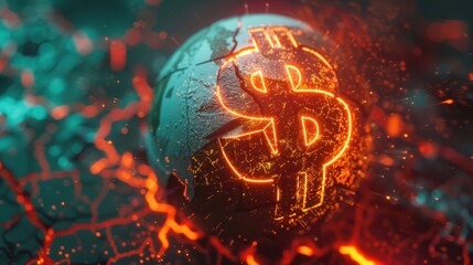 Glowing dollar sign on a cracked financial world globe, representing economic crisis and unstable markets with futuristic elements.