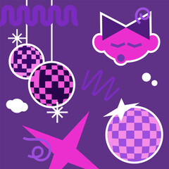 Disco abstract stickers. Sticker pack in outline style. Illustration with disco balls, different abstract shapes, the character of singing girl. Design in modern groove style.