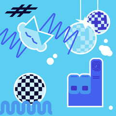 Disco sticker pack in outline style. Modern decorative stickers. Elements on a blue background.  Composition with a character in disco style using abstract forms.