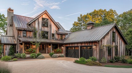 Obraz premium Rustic suburban farmhouse with a weathered wood exterior, featuring a classic tin roof and a barn-style garage