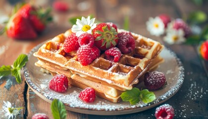 Homemade healthy Belgium waffles topped with strawberries and raspberries for breakfast