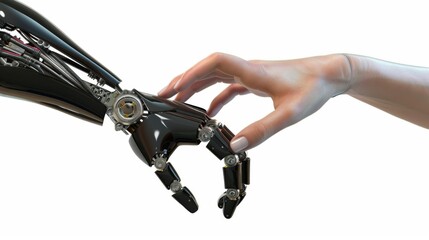 Hands of robot and human touching. modern remake of The Creation of Adam, Machine learning