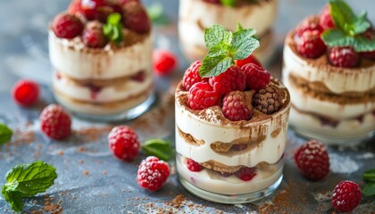 Homemade raspberry and mint berry tiramisu cakes