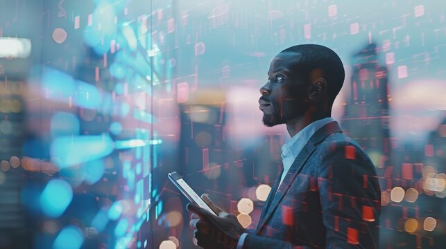 handsome black african american businessman holding smart tablet screen in hands analyzing the world economy stock market. holographic web design. city skyscrapers in blurry background