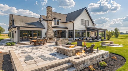 Fototapeta premium Suburban farmhouse with a large stone patio area, featuring a built-in outdoor kitchen and a fire pit for gatherings