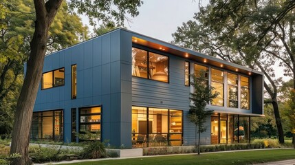 Fototapeta premium modern suburban farmhouse with a striking blue exterior and large windows, set against a backdrop of mature trees