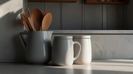 Creamy gray-white kitchen surface, gleaming with subtle texture, hosting a arrangement of sleek accessories, bathed in soft, warm sunlight, casting a gentle glow, infused with a sense of serenity, evo