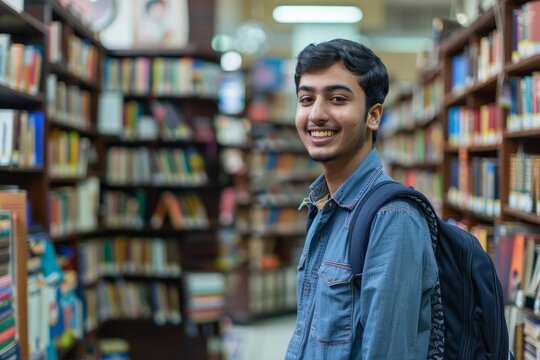 Indian male student posing confidently in library with backpack and study essentials smiling at camera