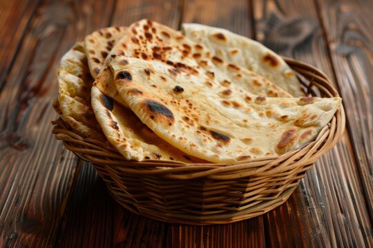 Indian tandoori breads served in a basket also known as flatbread or naan on a wooden background