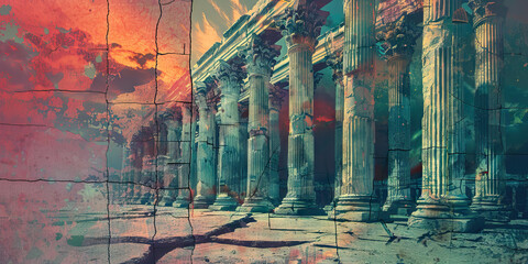 Obraz premium The Crumbling Pillars of Democracy: A row of marble columns, cracked and splintered from neglect and decay.