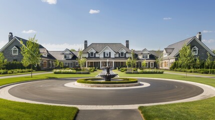 Fototapeta premium Luxurious suburban farmhouse with a large circular driveway, and a water fountain in the center, flanked by manicured lawns
