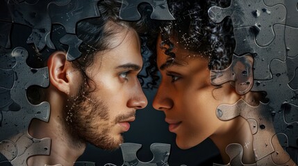 Man and woman as puzzle pieces, symbolizing relationship complexity, psychology, and analysis.