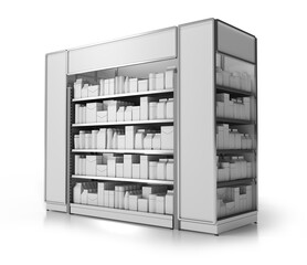 Retail rack with blank goods and advertising space. 3d illustration on white background