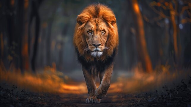 Male lion walking looking straight at the camera, national wildlife day