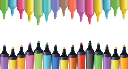 Waves of colorful highlighter marker pens arranged in a row isolated on white background with copy space. Arts and crafts and school concept banner design.