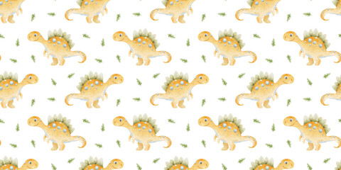 Cute orange dino, Dinosaurs and palm leaves. Print with Centrosaurus. Watercolor seamless pattern for design kid's goods cards, postcards, fabric, scrapbooking, office supplies