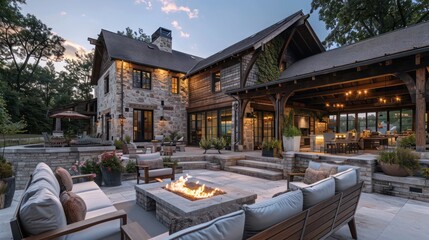 rustic suburban farmhouse with a stone exterior and large wooden beams, featuring a cozy outdoor seating area with a fire pit