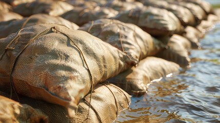 Many sandbags as protection against flooding, background