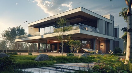 Fototapeta premium Modern suburban house with metal exterior and large balcony.