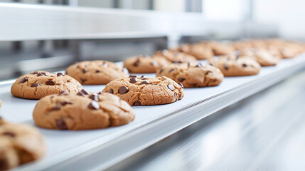 trays of freshly baked chocolate chip cookies ready for packaging, industrial setting, mass production
