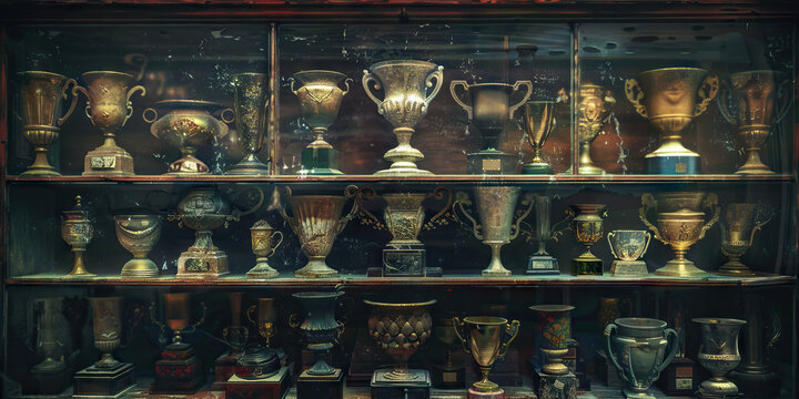The Hollow Victories of Self-Destruction: A trophy case filled with empty, dusty trophies, symbolic of the empty triumphs of a doomed society.